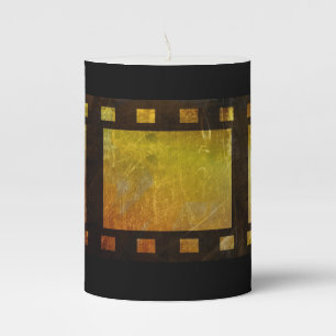 Vintage movie reel film gold black pillar candle