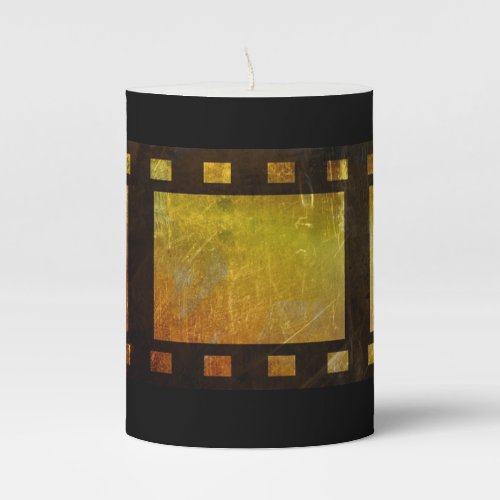 Vintage movie reel film gold black pillar candle