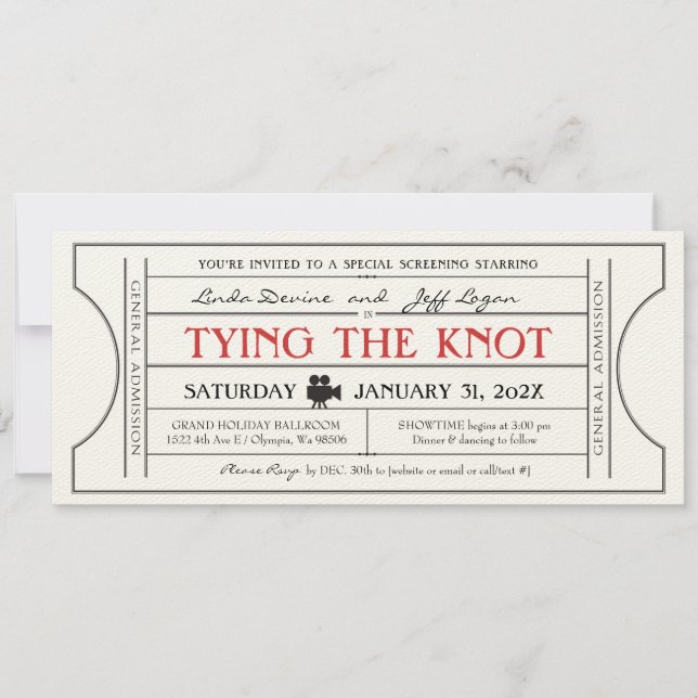 Vintage Movie Theme Wedding Ticket Invitation (Front)