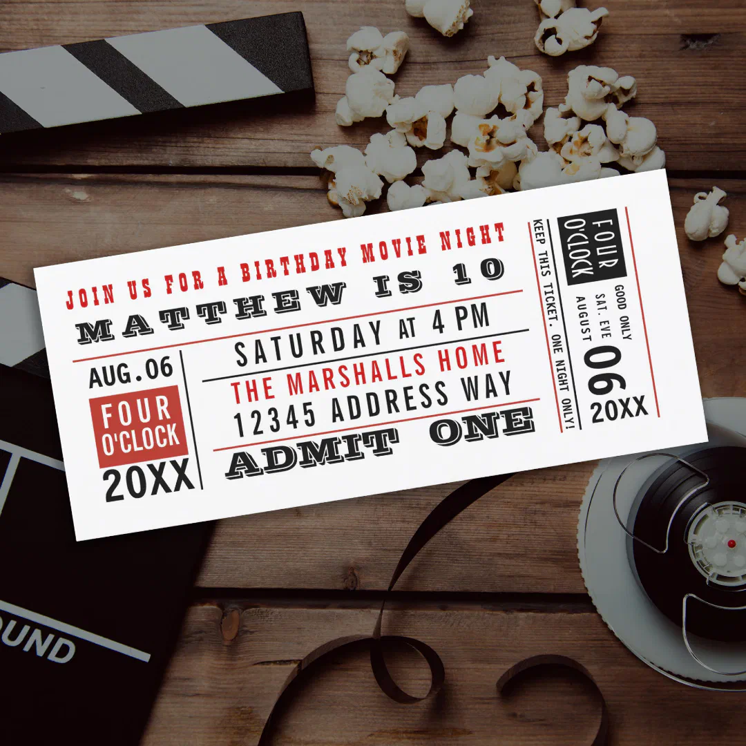 Vintage movie ticket birthday invitation in red, black, and white with admit one detailing, surrounded by popcorn and a film reel.