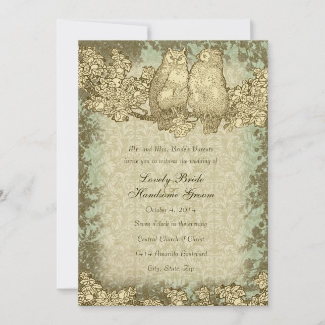 Vintage Mr. and Mrs. Owl Damask Wedding Invitation (Front)