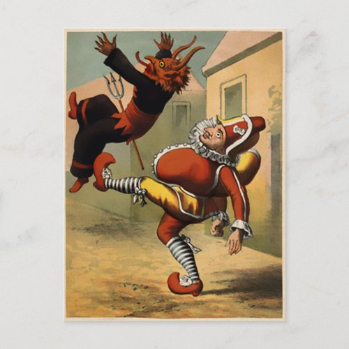 Vintage Mr Punch Kicking the Devil Postcard
