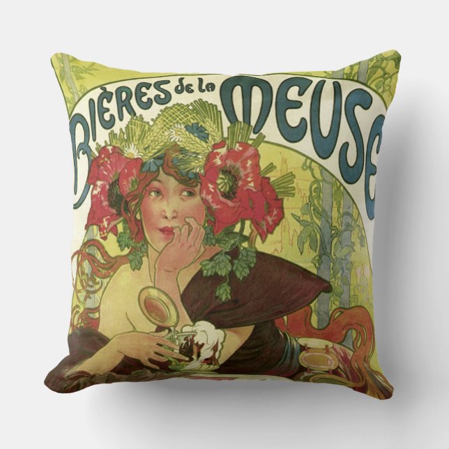 Vintage Mucha Beer Advertisement Throw Pillow (Front)