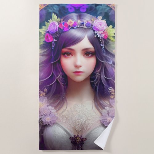 Vintage Mucha Style Beautiful Woman Portrait Beach Towel