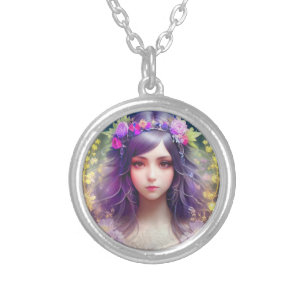 Vintage Mucha Style Beautiful Woman Portrait Silver Plated Necklace