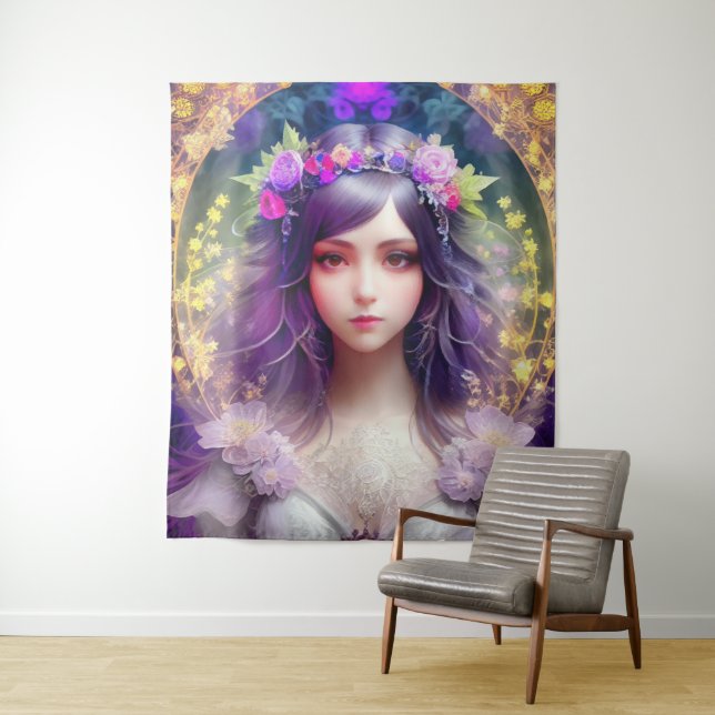 Vintage Mucha Style Beautiful Woman Portrait Tapestry (In Situ)