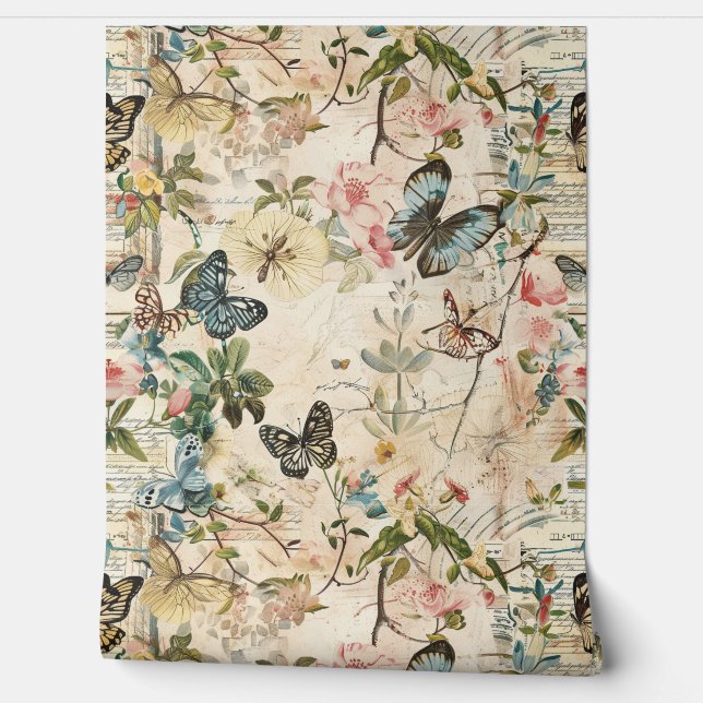 Vintage Multi Butterflies and Flowers Wallpaper (Unrolling)