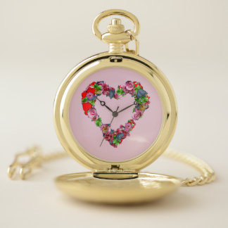 Vintage Multicolored Flowers Heart pink background Pocket Watch