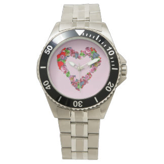 Vintage Multicolored Flowers Heart pink background Watch