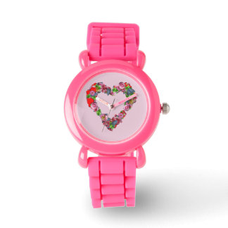 Vintage Multicolored Flowers Heart pink background Watch