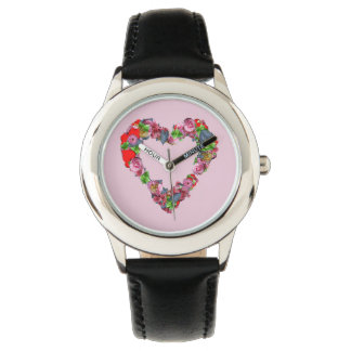 Vintage Multicolored Flowers Heart pink background Watch