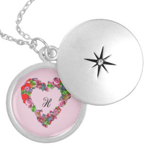Vintage Multicolored Flowers Heart with Monogram Locket Necklace