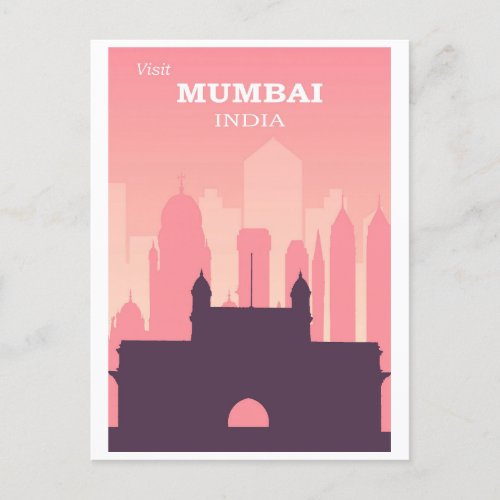 Vintage Mumbai India City Skyline Pink Travel Postcard