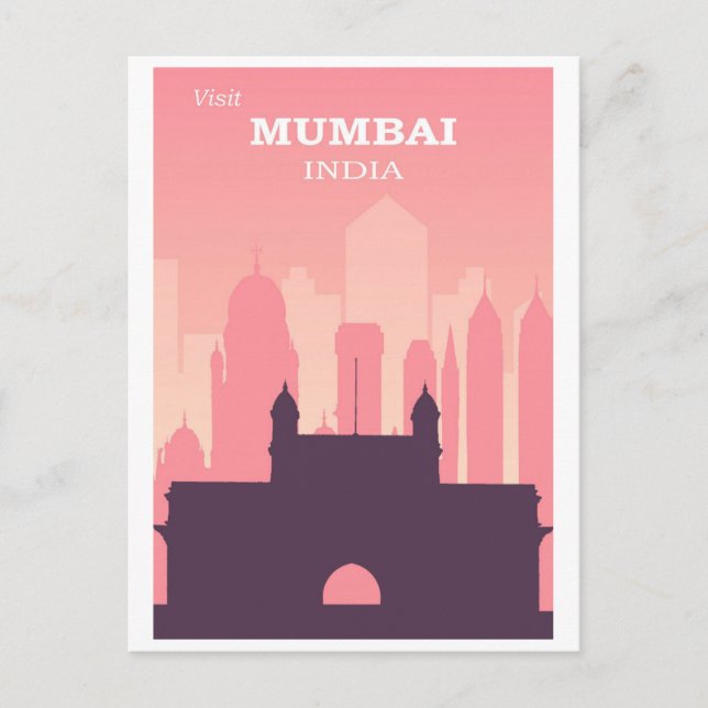 Vintage Mumbai India City Skyline Pink Travel Postcard (Front)