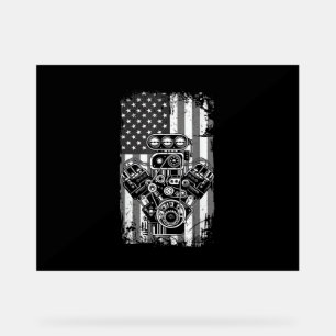 Vintage Muscle Car Piston American Flag Funny Mech Acrylic Sign