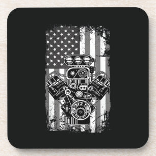 Vintage Muscle Car Piston American Flag Funny Mech Beverage Coaster