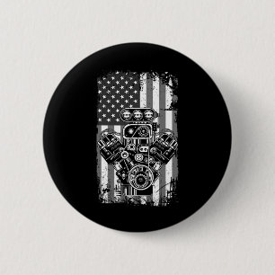 Vintage Muscle Car Piston American Flag Funny Mech Button
