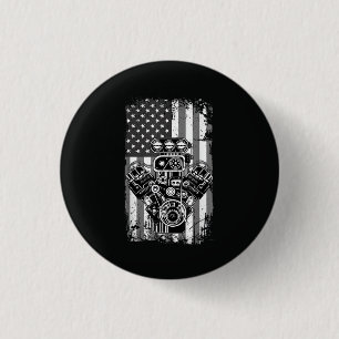 Vintage Muscle Car Piston American Flag Funny Mech Button