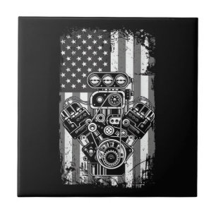 Vintage Muscle Car Piston American Flag Funny Mech Ceramic Tile