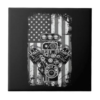 Vintage Muscle Car Piston American Flag Funny Mech Ceramic Tile