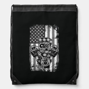 Vintage Muscle Car Piston American Flag Funny Mech Drawstring Bag