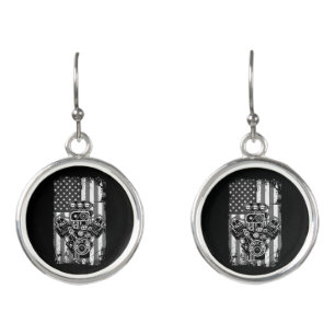 Vintage Muscle Car Piston American Flag Funny Mech Earrings