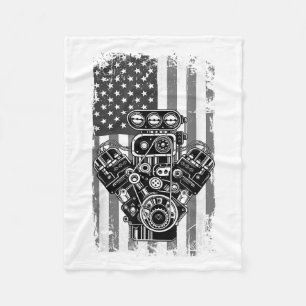 Vintage Muscle Car Piston American Flag Funny Mech Fleece Blanket