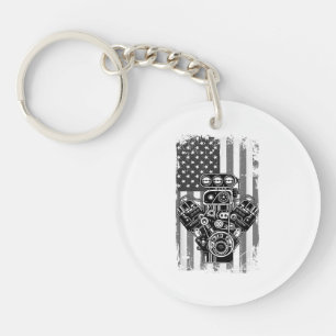 Vintage Muscle Car Piston American Flag Funny Mech Keychain