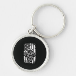 Vintage Muscle Car Piston American Flag Funny Mech Keychain