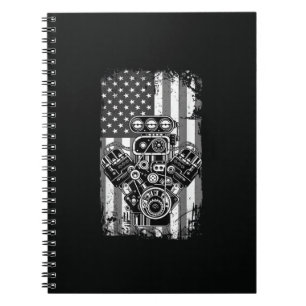 Vintage Muscle Car Piston American Flag Funny Mech Notebook
