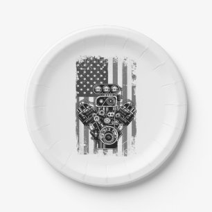 Vintage Muscle Car Piston American Flag Funny Mech Paper Plates