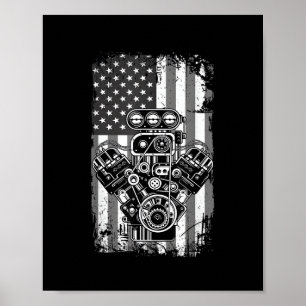 Vintage Muscle Car Piston American Flag Funny Mech Poster