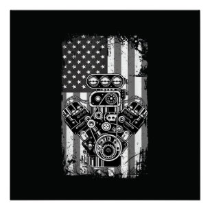 Vintage Muscle Car Piston American Flag Funny Mech Poster
