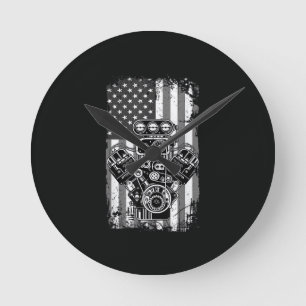 Vintage Muscle Car Piston American Flag Funny Mech Round Clock