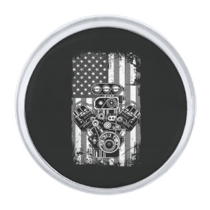 Vintage Muscle Car Piston American Flag Funny Mech Silver Finish Lapel Pin