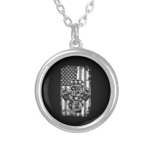 Vintage Muscle Car Piston American Flag Funny Mech Silver Plated Necklace