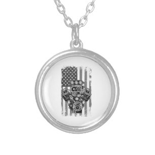 Vintage Muscle Car Piston American Flag Funny Mech Silver Plated Necklace