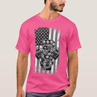 Vintage Muscle Car Piston American Flag Funny Mech T-Shirt
