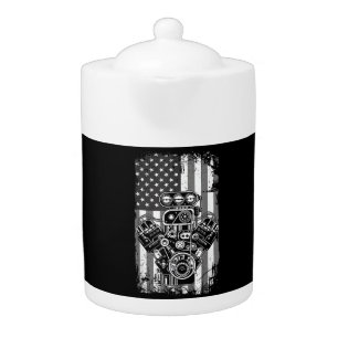 Vintage Muscle Car Piston American Flag Funny Mech Teapot