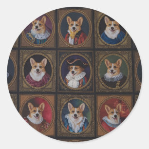 Vintage Museum Wall, Hilarious Corgi Dog Portraits Classic Round Sticker