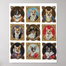 Vintage Museum Wall, Hilarious Corgi Dog Portraits