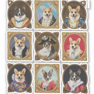 Vintage Museum Wall, Hilarious Corgi Dog Portraits Sticker