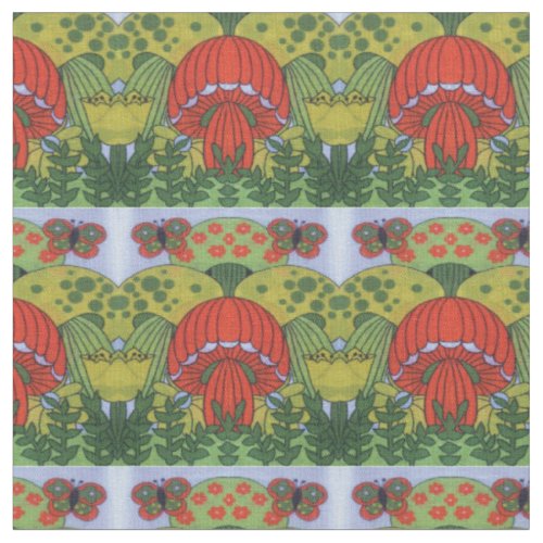 Vintage Mushroom and Butterfly Print Fabric