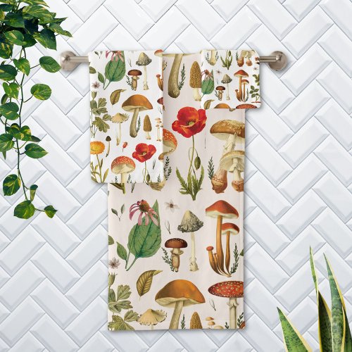 Vintage Mushroom and Wildflower Pattern Bath Towel Set