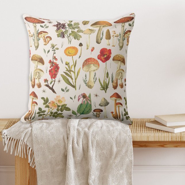 Vintage Mushroom and Wildflower Pattern Outdoor Pillow (In situ)