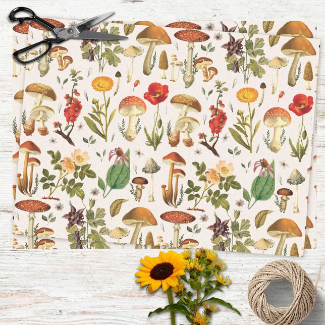 Vintage Mushroom and Wildflower Pattern Tissue Paper (In situ)