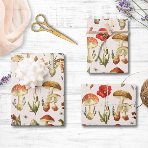 Vintage Mushroom and Wildflower Pattern Wrapping Paper Sheets