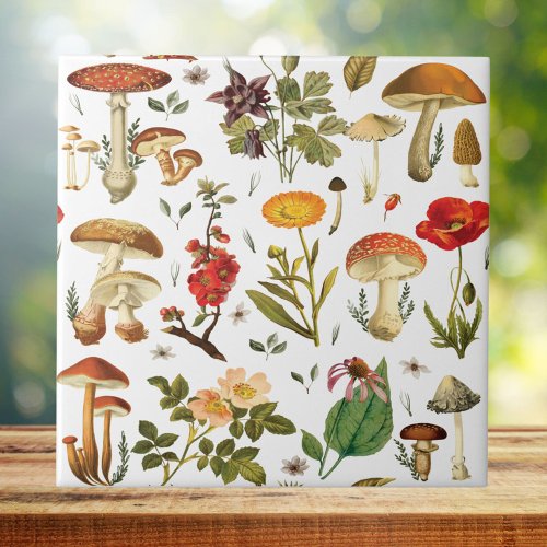 Vintage Mushroom and Wildflower Seamless Pattern Ceramic Tile