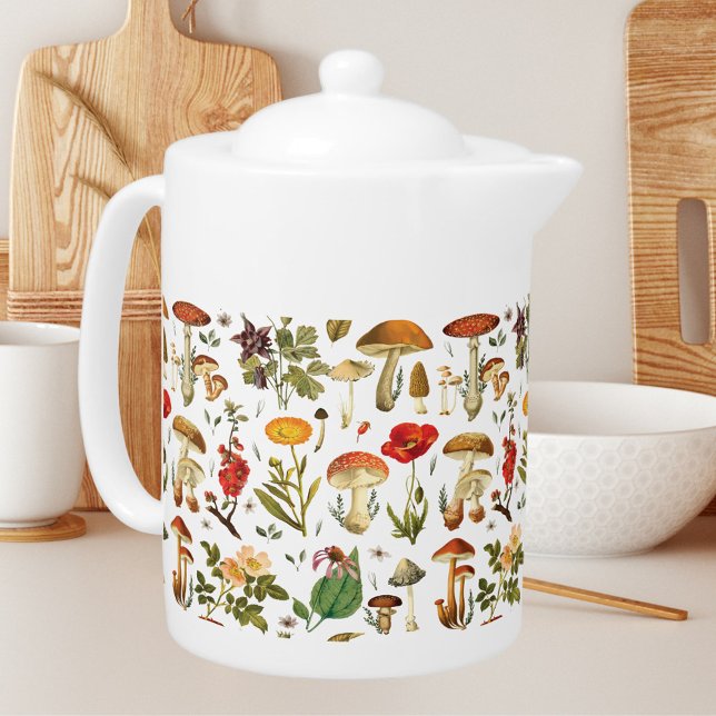 Vintage Mushroom and Wildflower Seamless Pattern Teapot (In situ)