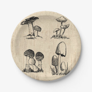 Vintage Mushroom Art Illustration Paper Plates